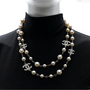 Authentic Chanel classic silver 5 CC pearl necklace